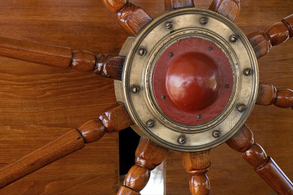 Steering wheel, detail, steel four-masted barque Pommern, windjammer with jubilee rig, Maritime Museum, Mariehamm, Åland or Aland Islands, Finland, Europe