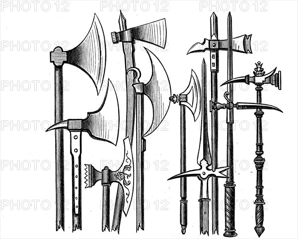 Various battle axes from the 11th century to the 16th century, illustration from 1880, historical, digital reproduction of an original from the 19th century