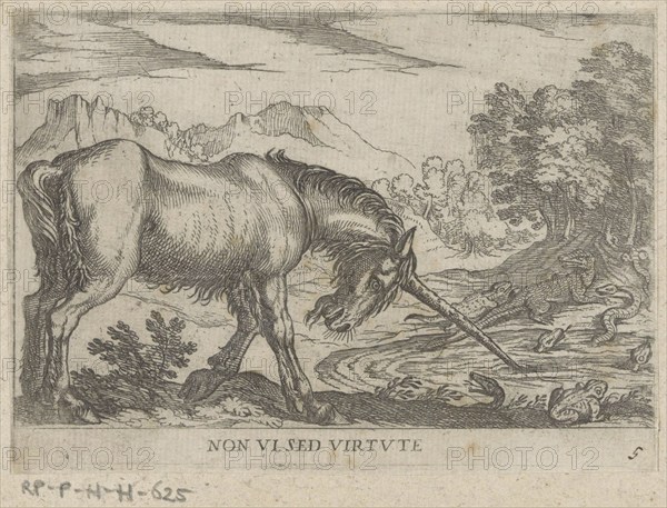 A unicorn chasing lizards from a pond, c. 1600, by Antonio Tempesta, Historical, digitally restored reproduction from a 19th century original, Record date not stated