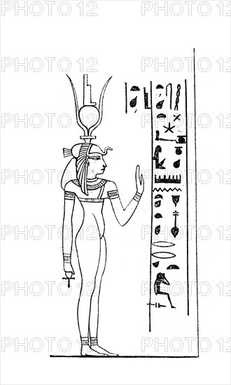 Isis, a goddess of Egyptian mythology. She was the goddess of birth, rebirth and magic, but also goddess of the dead, Historical, digital reproduction of an original 19th century model