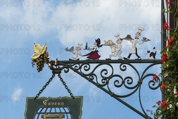 Restaurant sign, Eguisheim, Plus beaux villages de France, Haut-Rhin, Alsace, Alsace, France, Europe