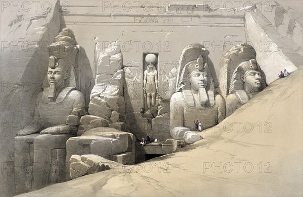 Front view of the Great Temple of Abu Simbel, Nubia, Egypt, around 1850, Historical, digitally restored reproduction from a 19th century original, exact date unknown, Africa