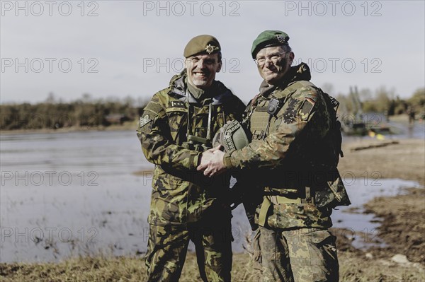 (L-R) Colonel Jiri Libal, Commander 4th Rapid Deployment Brigade, and Brigadier General Alexander Krone, Commander NATO Response Force Land Brigade, photographed during the military exercise 'Wettiner Schwert' with German and Czech soldiers near Tangermünde, 26 March 2024. 'Wettiner Schwert' is part of the NATO Quadriga exercise