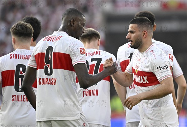 Cheers, goal celebrations and Deniz Undav VfB Stuttgart (26) Serhou Guirassy VfB Stuttgart (09) MHPArena, MHP Arena Stuttgart, Baden-Württemberg, Germany, Europe