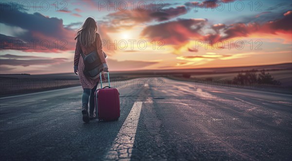 A woman is walking down a road with a red suitcase. Concept of solo travel, AI generated