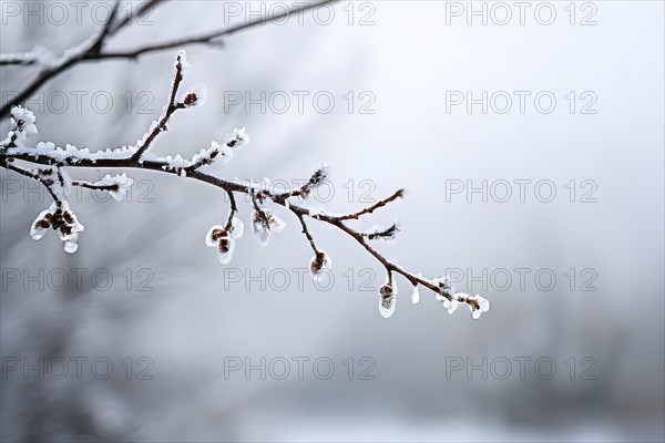 Bare tree branch covered in frost, isolated against a foggy, white winter landscape, AI generated