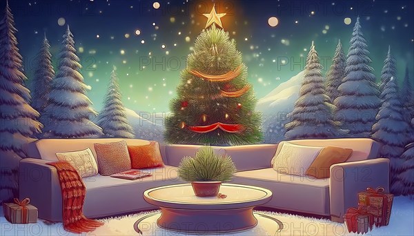 Illustration of a living room furnishing consisting of a table and couch in front of a decorated Christmas tree in the middle of a snowy winter landscape at night, AI-generated image, AI generated