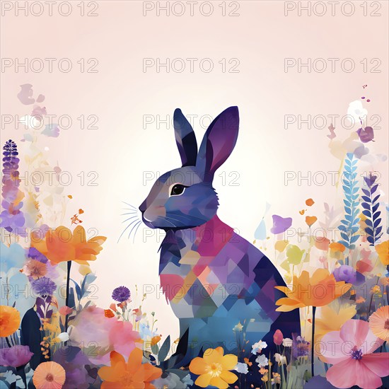 Abstract illustration of a bunny silhouette filled with a collage of spring flowers and vivid pastel colors, set against a soft background, AI generated