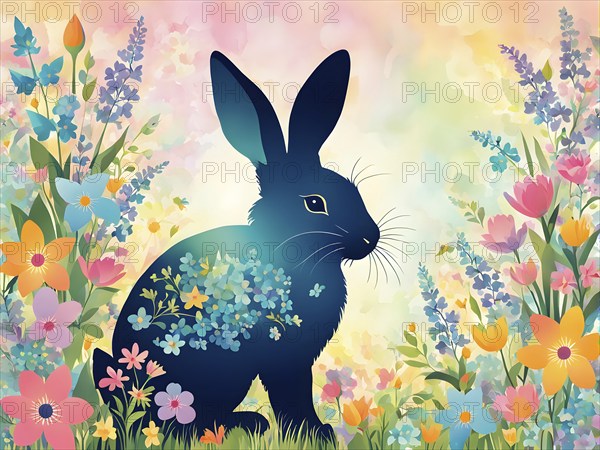 Abstract illustration of a bunny silhouette filled with a collage of spring flowers and vivid pastel colors, set against a soft background, AI generated