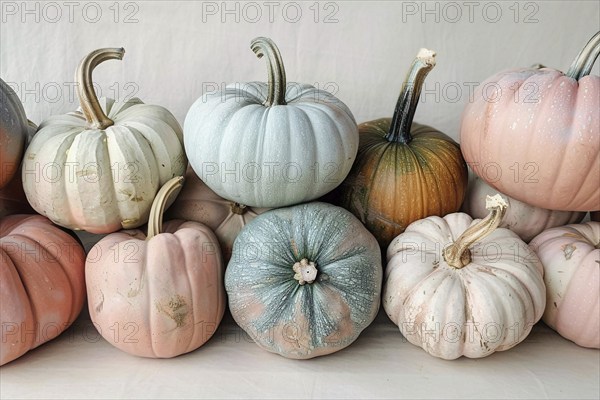 Stacks of dfferent pastel colored pumpkins. Generative Ai, AI generated