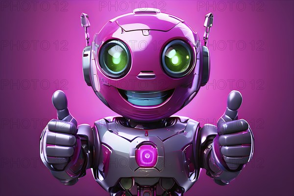 Friendly smiling magenta robot with a thumb up symbolizing artificial intelligence, AI generated