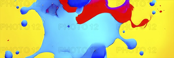 Abstract image with vibrant blue and red blobs and liquid shapes on a yellow background, AI generated