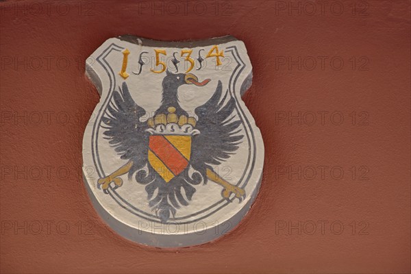 Town coat of arms with the year 1534, eagle figure, detail, town hall, Zell am Harmersbach, Ortenau, Southern Black Forest, Black Forest, Baden-Württemberg, Germany, Europe