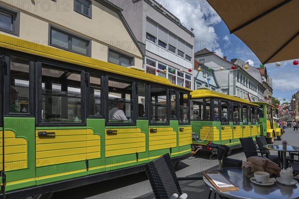 Tourist train runs through the town centre of Bad Kissingen, Lower Franconia, Bavaria, Germany, Europe