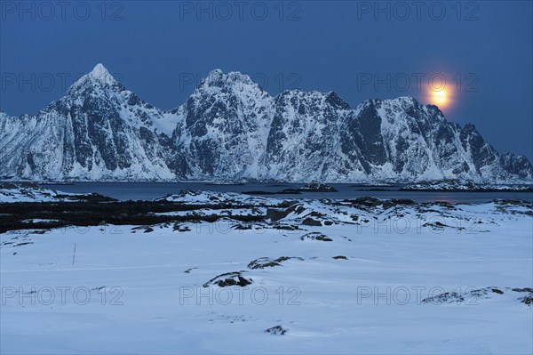 Moonrise, winter landscape, Lofoten island Vestvågøya at the fjord Gimsøystraumen, Lofoten, Northern Norway, Norway, Europe