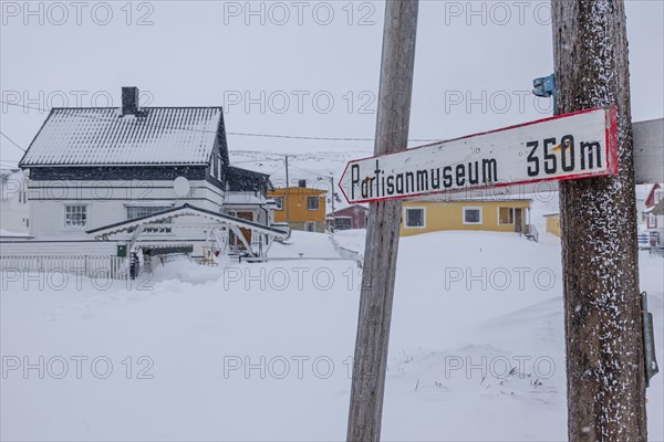 Village, houses, snowstorm, wind, snow, sign, museum, Kiberg, Varanger Peninsula, Norway, Europe