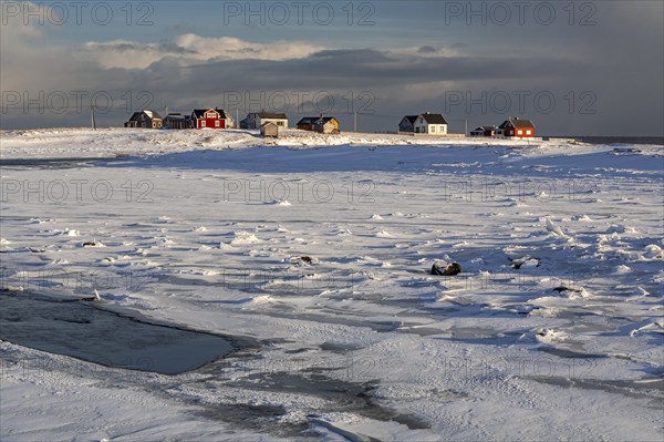 Village, houses, village, ice floes, snowstorm, clouds, coast, Skallelv, Varanger Peninsula, Norway, Europe