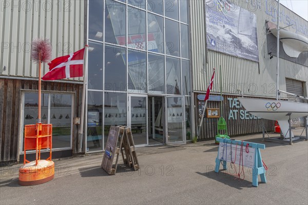 Maritime Svendborg, Danmarks Museum for Lystsejlads, museum for pleasure craft shipping, entrance, Danish flag, Frederiksø, Frederiks Island in the harbour, Great Belt, Baltic Sea, Fyn, Fyn Island, Denmark, Europe