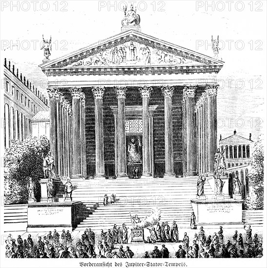 Front view of the Jupiter Stator Temple, Palatine, Rome, crowd, steps, columns, statues, Etruscans, Etruscans, Roman Empire, historical illustration 1880