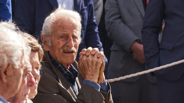 Survivors of the massacre of 3 June 1941, An elderly man looks thoughtfully into the distance during a meeting, Visit of Federal President Frank-Walter Steinmeier to Kandanos on 31 October 2024, Federal President, Frank-Walter Steinmeier, memorial, war crimes, Nazis, Wehrmacht crimes, World War II, Kandanos, Southwest Crete, Crete, Greek Islands, Greece, Europe