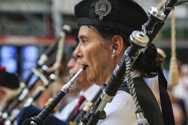 Portrait of a bagpiper, bagpipe orchestra, pipe concert, Sigmaringen, Baden-Württemberg, Germany, Europe