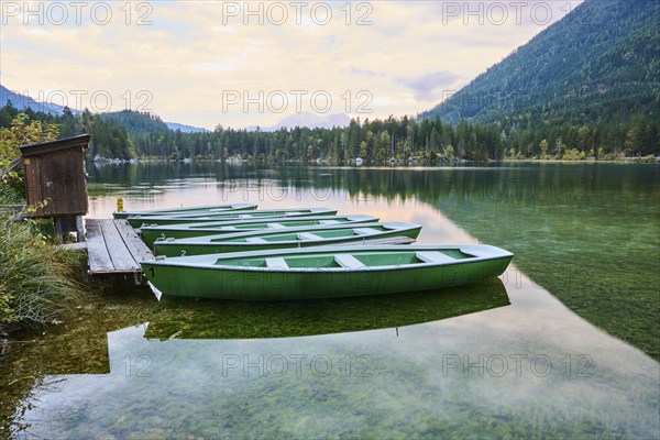 Boats on a lake, Hintersee, Ramsau, Berchtesgaden National Park, Berchtesgadener Land district, Upper Bavaria, Bavaria, Germany, Europe