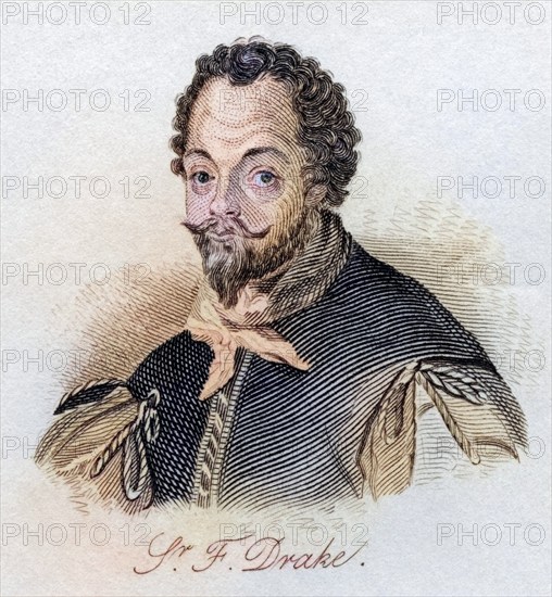 Sir Francis Drake c.1540 3-1596.vice-admiral. English privateer, navigator, slave trader and politician of the Elizabethan age. From the book Crabbs Historical Dictionary published 1825, Historical, digitally restored reproduction from a 19th century original, Record date not stated