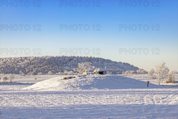 Passage grave on a hill in a beautiful winter landscape with snow and hoarfrost in the countryside, Karleby, Falköping, Sweden, Europe