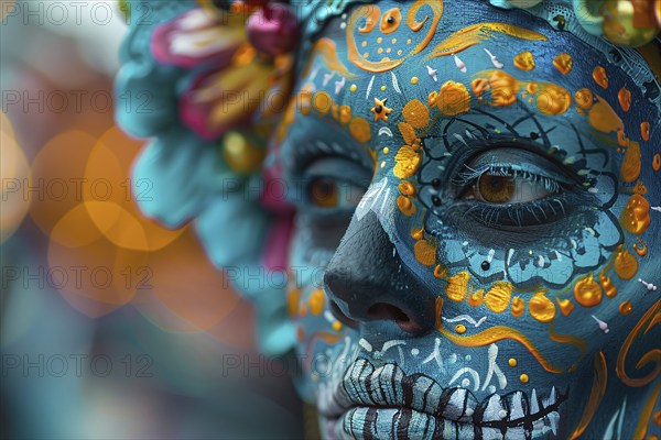 Close up of woman with blue Halloween Dia de los Muertos costume face paint. Generative AI, AI generated