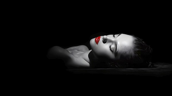 Black and white bodyscape capturing a young woman with red lips and eye shadow, AI generated