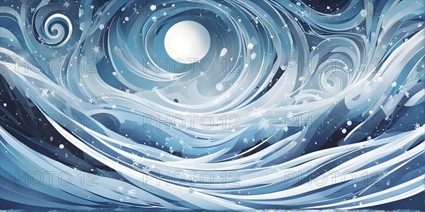 Abstract illustration of dreamy, icy landscape with swirling blues, whites, and silvers, evoking the feeling of a cold winter's breeze, AI generated