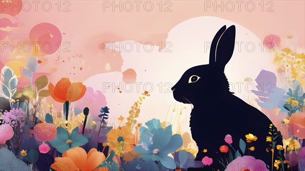 Abstract illustration of a bunny silhouette filled with a collage of spring flowers and vivid pastel colors, set against a soft background, AI generated