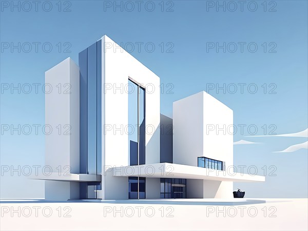 Minimalist architectural composition of modern buildings, with clean angles, rendered in geometric forms and soft hues of grey, cream, and light blue, AI generated