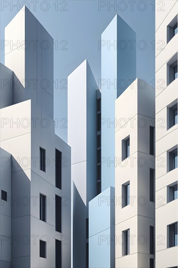 Minimalist architectural composition of modern buildings, with clean angles, rendered in geometric forms and soft hues of grey, cream, and light blue, AI generated