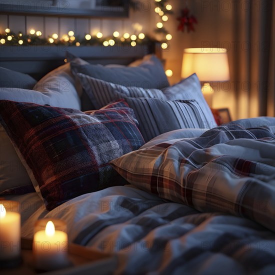 Cozy winter bedroom with flannel sheets, holiday throw pillows, with a warm glow filling the room, AI generated