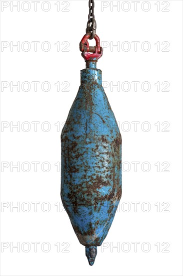 Big plummet, plumb bob level with chain used for digging mine shaft in coal mining, close-up on white background