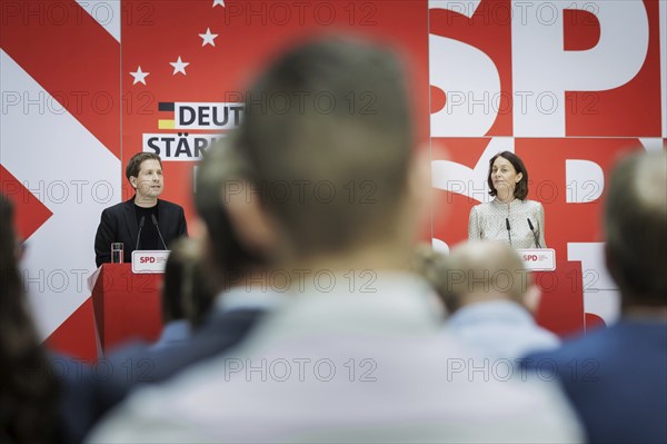 Kevin Kuehnert, SPD Secretary-General, and Katarina Barley, SPD lead candidate for the 2024 European elections, at a press conference following the SPD Presidium meeting after the European elections at the Willy Brandt House in Berlin, 10 June 2024