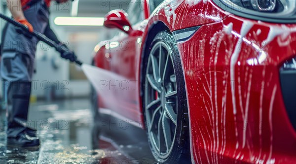 Carwash detailing, polishing and cleaning in automotive service maintenance station, AI generated