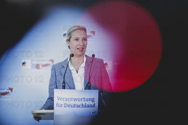 Alice Weidel, Federal Chairwoman of the AfD (Alternative for Germany), speaks to the media in front of the parliamentary group meeting in Berlin, 23 April 2024