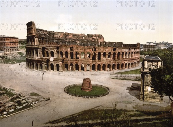 The Colosseum and Meta Sudans, Rome, Italy, Historic, digitally restored reproduction from a 19th century original, Record date not stated, The Colisuem and Meta Sudans, Rome, Italy, Historic, digitally restored reproduction from a 19th century original, Record date not stated, Europe