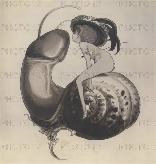 Ex Libris, Exlibris of the sweet snail, Erotic drawing, c. 1900, by Franz von Bayros (28 May 1866 to 2 April 1924), Historic, digitally restored reproduction from a 19th century original, Record date not stated