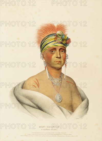 Mon-Chonsia. A Kansas Chief (1842), Indians, Historical Indian tribes from North America, Charles Bird King (1785, 1862), Historical, digitally restored reproduction from a 19th century original, Record date not stated