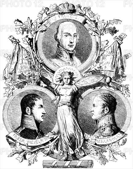 Portraits of the founders of the Holy Alliance, Emperor Francis I of Austria, King Frederick William III of Prussia, Tsar Alexander of Russia, Second Peace of Paris 1815, Goddess of Victory Victoria, ornamentation, oak leaves, frame, face, France, historical illustration 1882, Europe