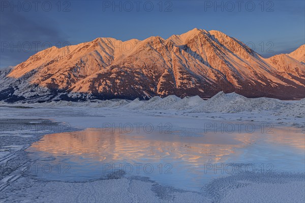 Morning light, clouds, mountains, snowy, winter, ice, Kluane Lake, Kluane Mountains, Yukon, Canada, North America