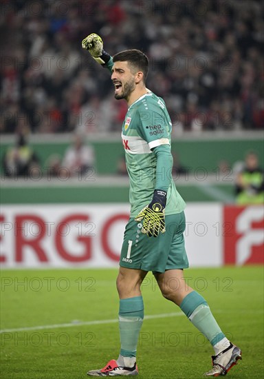 Goalkeeper Fabian Bredlow VfB Stuttgart (01) Gesture Gesture Cheering, MHPArena, MHP Arena Stuttgart, Baden-Württemberg, Germany, Europe