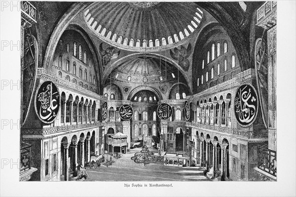 Interior of the Hagia Sophia Mosque, Constantinople, Istanbul, dome, characters, columns, Turkey, historical illustration 1890, Asia