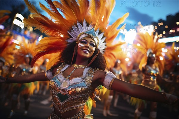 Captivating image capturing the essence of the Rio Carnival, showcasing a dancer adorned in an elaborate, vibrant costume, embodying the spirit and energy of this iconic festival, AI generated