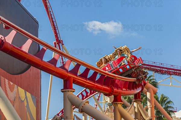 Park guests riding the Hollywood Rip Ride Rockit roller coaster at Universal Studios in Orlando, Florida, USA, North America