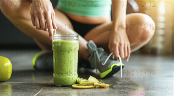 Female athlete drinking healthy organic detox kale and avocado smoothie after exercise, AI generated