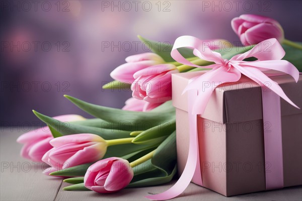 Gift Box with Pink Ribbon Beside bouquet of Fresh Tulips on Bokeh Background. Good for Valentine day, March 8, mother day, spring holidays, birthday designs, AI generated